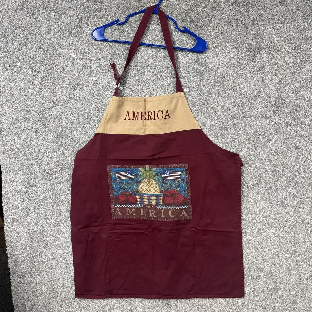 Vtg Y2K Bib Apron One Size Red Tan Americana Country Farmhouse Kitchen Folk Art